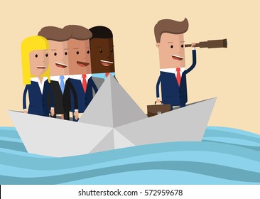 business people floating on the waves on a paper boat, team on a paper ship in heavy sea, business concept teamwork and risk