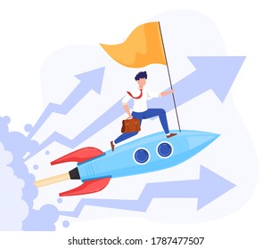 Business people fly on rocket vector illustration. Cartoon flat businessman character with flag flying on moving fast rocket spaceship, boost new creative project startup concept isolated on white