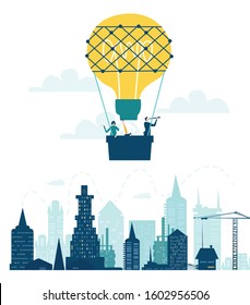 Business people flying with ant hot air balloon shaped as light bulb. Flying over the City.  Start up, new business, new idea and advisory concept