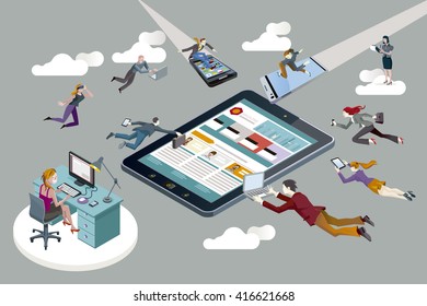 Business people flying with computers, tablets and smart-phones, creating content for a digital magazine.