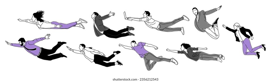 Empresarios volando, flotando, saltando al aire. Concepto de libertad, desarrollo y aspiraciones. Diferentes hombres y mujeres avanzan. Ilustración simple del vector de contorno aislada en blanco