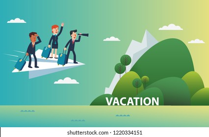Business people flying on a paper plane towards an island for vacation. Business people vacation concept. Holidays time, recreation and travel vector design