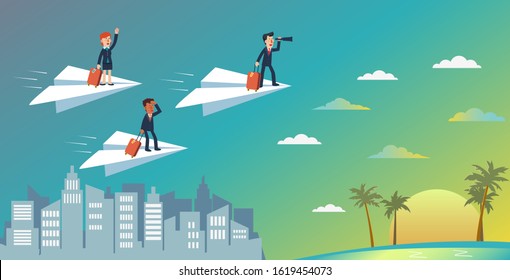 Business people flying on a paper plane towards an island for vacation. Business people vacation concept. Holidays time, recreation and travel vector design