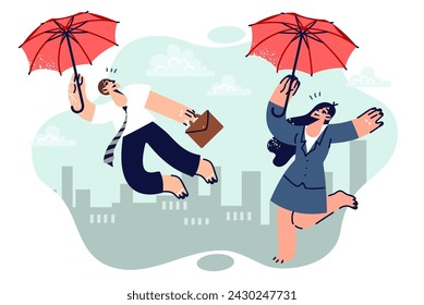 Business people flying up on umbrellas as metaphor for motivation for professional development and personal growth. Man and woman in business suits levitate in air, going on corporate trip