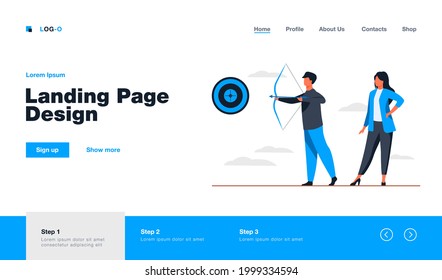 Business people focused on goal. Colleagues with archery aiming at target. Flat vector illustration. Marketing, achievement, bullseye concept for banner, website design or landing web page