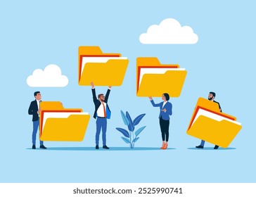 Business people with folders. Arrange online data, paperwork concept, file management, organize document files into archive folders. Modern vector illustration in flat style