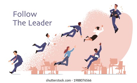 Business people follow the leader. Business success role model fly high up attracts inspires worker team colleagues to rise, grow. Man, woman leadership gravity concept vector character illustration