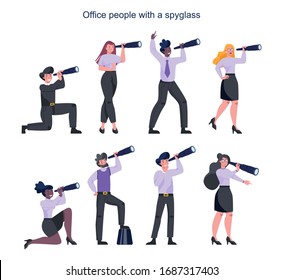 Business people in formal office clothes holding a spyglass. Office manager with telescope. Man and woman searching for new perspectiv and opportunity. Leadership concept. Vector illustration