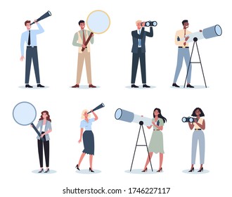Business people in formal office clothes holding a spyglass, telescope, magnifying glass. Man and woman searching for new perspective and opportunity. Leadership concept. Vector illustration