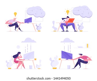 Geschäftsleute, Freiberufler, die Cloud-Systeme für Arbeit und Kommunikation verwenden. Charaktere, die auf Laptops in Office und Home Transfer Info über Online Cloud Storage Cartoon Flat Vektorillustration Illustration arbeiten