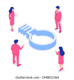 Business people gather around a light bulb and discuss new ideas and solutions. Concept of finding an idea. Vector illustration in modern isometric style. Isolated on white background.