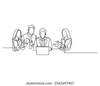 Business people gathered around a laptop, engaging in a collaborative discussion. Minimalistic design emphasizes teamwork and communication in a professional setting. Line drawing illustration