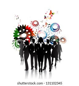 Business people with gears background