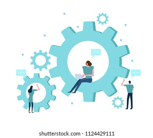 Business People with Gears. Teamwork Concept. Flat design element. vector illustration