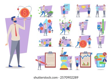 Business people getting profit vector illustrations set. Office cartoon characters celebrating success, earning money, giving presentation, signing contract. Business, finance and cooperation concept