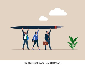 Business people with giant pen. Teamwork in designing a strategy. Flat vector illustration