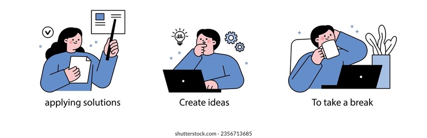 Business people are giving a presentation, thinking of creative ideas, and taking a break. Business People. Vector design in blue monocolor with outline.