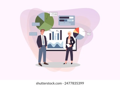 Empresarios dando Ilustración vectorial de presentación, Hombre y mujer en ropa formal con gráficos y diagramas en el fondo. Concepto de negocios, conferencias, informes financieros y análisis