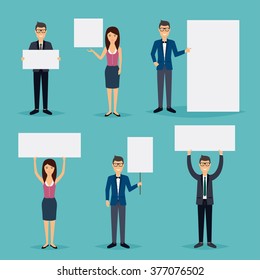 Business people giving presentation with white empty banners. flat vector illustration.