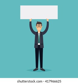 Business people giving presentation with white empty banners. Business flat vector illustration.