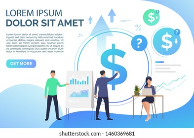 Business People Giving Presentation And Working On Computer. Planning, Management, Analysis Concept. Presentation Slide Template. Vector Illustration For Topics Like Business, Finance, Banking