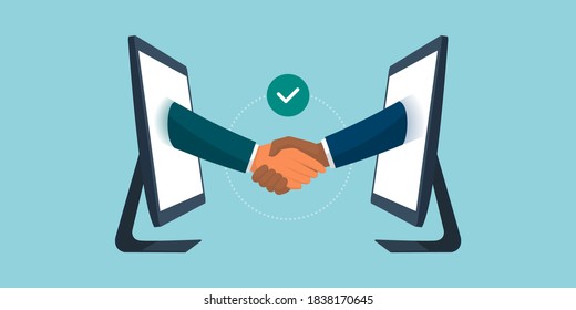 Business People Giving A Virtual Handshake, Business Agreement And Remote Working Concept