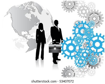 business people with globe and gears