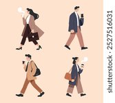 Business people go to work side view. Busy men and women walking, carrying briefcase. Worker holds hot coffee paper cup. An employee in a formal office outfit. Flat isolated vector illustrations set.