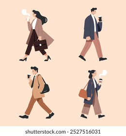 Business people go to work side view. Busy men and women walking, carrying briefcase. Worker holds hot coffee paper cup. An employee in a formal office outfit. Flat isolated vector illustrations set.