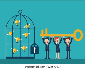 Business people with golden key unlock idea bulb from a cage