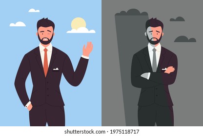 Business people in good and bad mood vector illustration. Cartoon happy fashionable businessman in suit standing and waving, sad man office worker crossed arms in stress negative emotion background