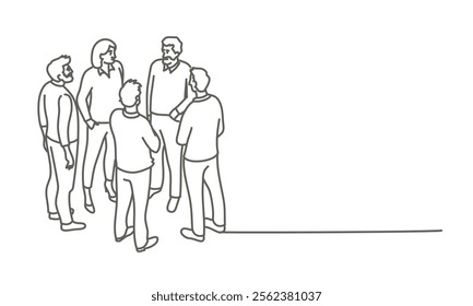 Business people got together to discuss something. Hand drawn vector illustration. Black and white.