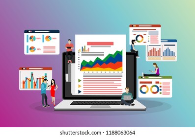 Business people graph diagram chart finance data analysis working together brainstorming concept over green background flat horizontal vector illustration