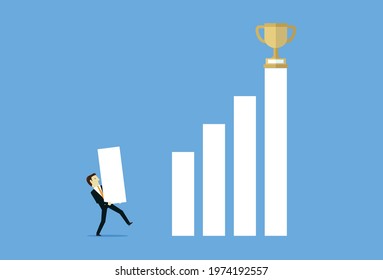 Business people graph them grow to trophies, Vector illustration in flat style