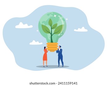 Business people green corporate company concept Sustainability  lightbulb, ESG, eco environment friendly or clean energy solution, green renewable power, reuse or recycle ecosystem vector illustrator