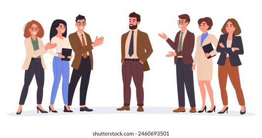 Business people greeting colleague. Businessman surrounded by cheering and applauding office people flat vector illustration. Business congratulations scene
