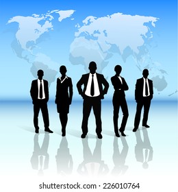 Business people group black silhouette concept businesspeople team over world map background