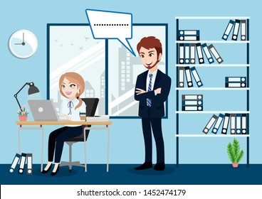 Business people group, boss and staff or workers in office background vector illustration in cartoon character style.