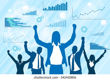 Business People Group Celebration Silhouette Excited Hold Hands Up Raised Arms, Businesswoman Concept Winner Success Finance Chart Background Vector Illustration