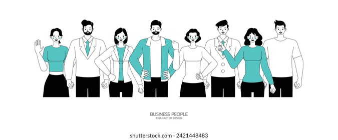 Business people group character flat and minimal vector illustration design style. Teamwork concept. Presentation in various action. People working in office planning, thinking and economic analysis.