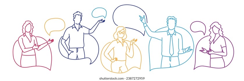 Los empresarios agrupan la burbuja de las comunicaciones por chat. Ilustración vectorial dibujada a mano. Blanco y negro.