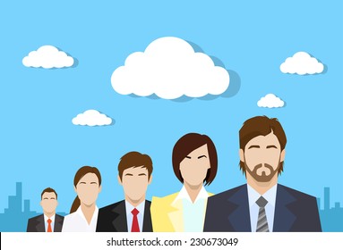 business people group color profile human resources team flat icon design vector illustration over blue background with clouds