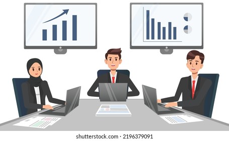 Business People Group at Conference Meeting Training Courses Flip Chart with Graph Flat Vector Illustration