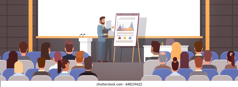 Business People Group at Conference Meeting Training Courses Flip Chart with Graph Flat Vector Illustration