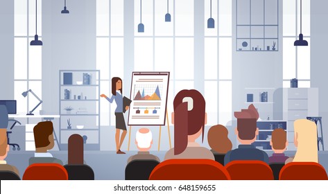 Business People Group at Conference Meeting Training Courses Flip Chart with Graph Flat Vector Illustration