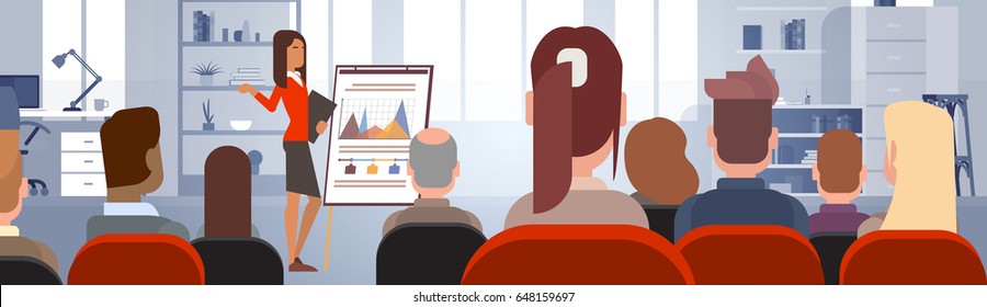 Business People Group at Conference Meeting Training Courses Flip Chart with Graph Flat Vector Illustration