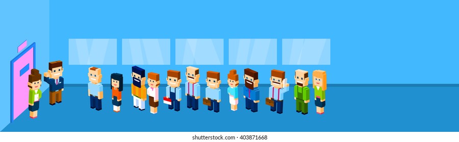 Business People Group Crowd Stand In Line To Door Office Waiting 3d Isometric Flat Design Vector Illustration