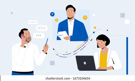 Business people group discussing communication social network. Chat communication.
Flat Vector Illustration