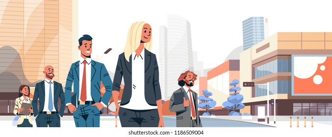 business people group diverse team successful men women over cityscape background male female cartoon character portrait flat horizontal banner vector illustration