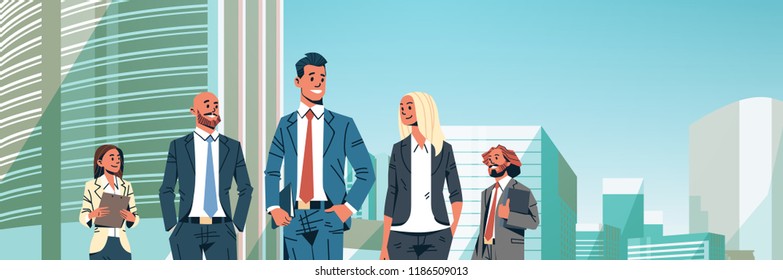 business people group diverse team successful men women over cityscape background male female cartoon character portrait flat horizontal banner vector illustration